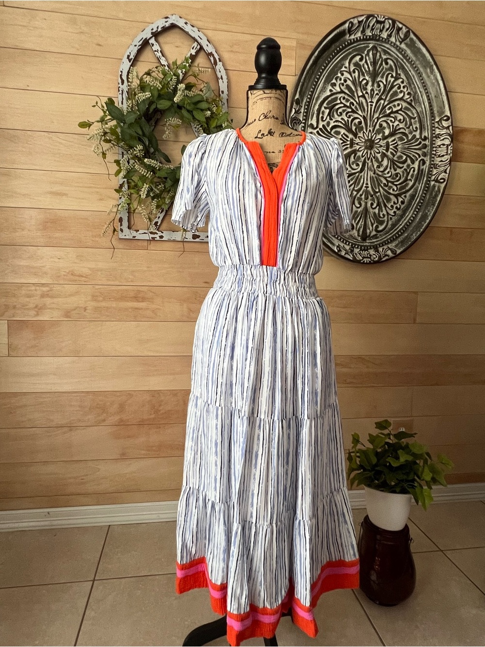 THML White and Blue Striped Maxi Dress with Neon Coral Trim Size Small